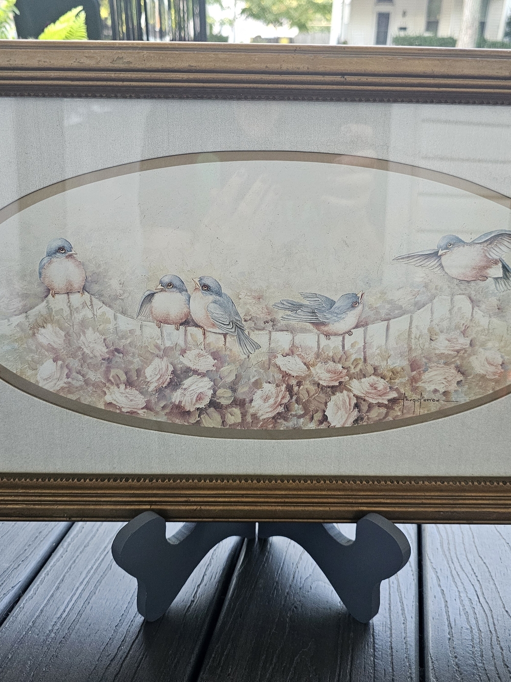 Vintage Homco Margie Morrow "Bluebirds & Roses" Framed Panoramic Print –